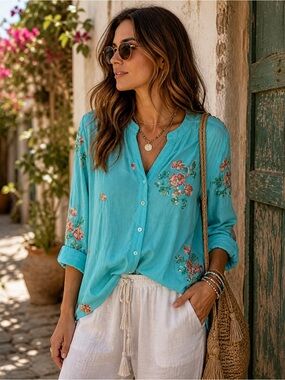 MULTIPLES Turquoise Embroidered Needlepoint Blouse Tab Sleeve Size Medium
